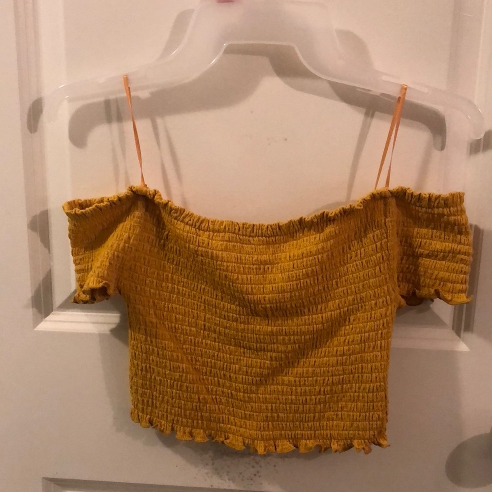 Yellow, off the shoulder, crop top.